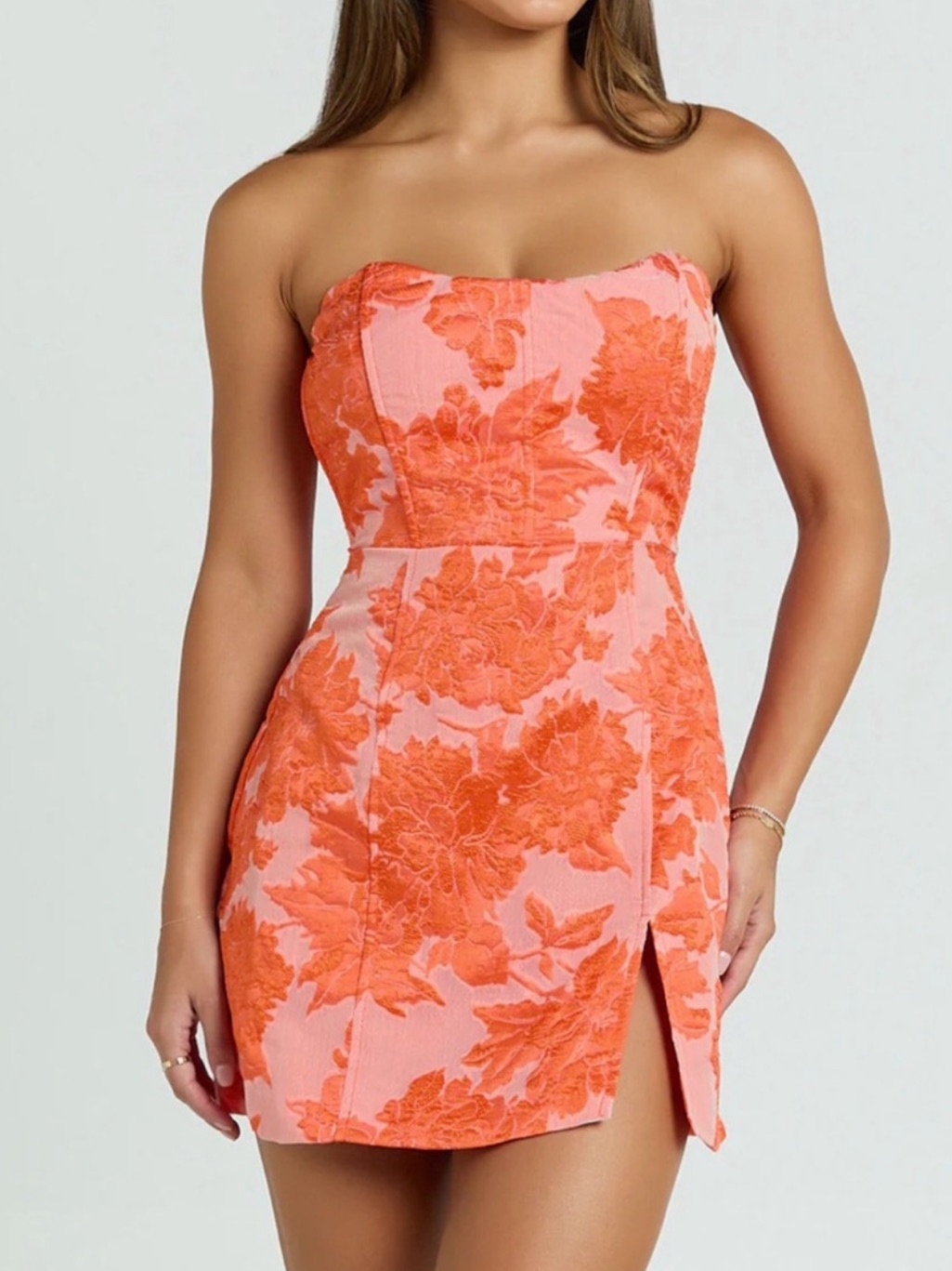 Showpo Pink And Coral Strapless Floral Mini Dress